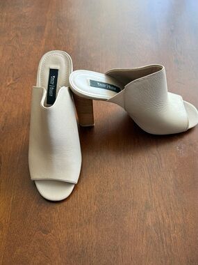 White House BlackMarket Neutral Sand Open-Toe Block Heel Mules - Women's Slip-On